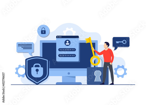 Data and account protection concept flat vector illustration, Password secure access on desktop computer, Cyber security for landing page, mobile app, template, web banner, infographics