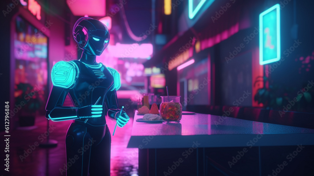 a robot waiter stands on a neon street near a cafe, generative ai