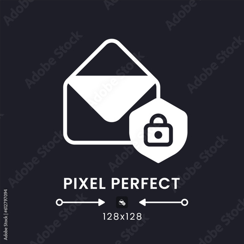 Email security white solid desktop icon. Account protection. Prevent unauthorized access. Pixel perfect 128x128, outline 4px. Silhouette symbol for dark mode. Glyph pictogram. Vector isolated image