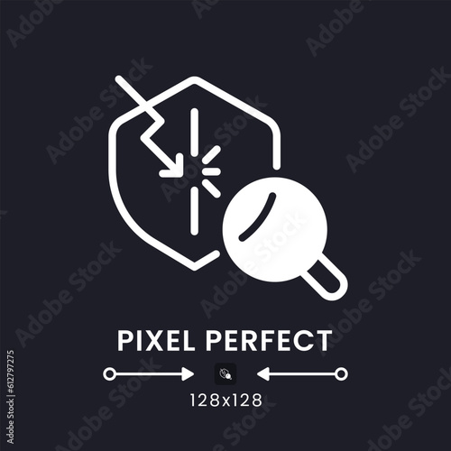Penetration test white solid desktop icon. Vulnerability detection. Ethical hacking. Pixel perfect 128x128, outline 4px. Silhouette symbol for dark mode. Glyph pictogram. Vector isolated image