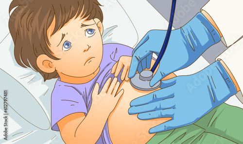 Child with health problems. Colic. Dairea. Food poisoning. Bacteria in the gut. Cold. Health problems. Pediatrician's appointment. Pediatrician review. Medical illustration. Vector illustration.