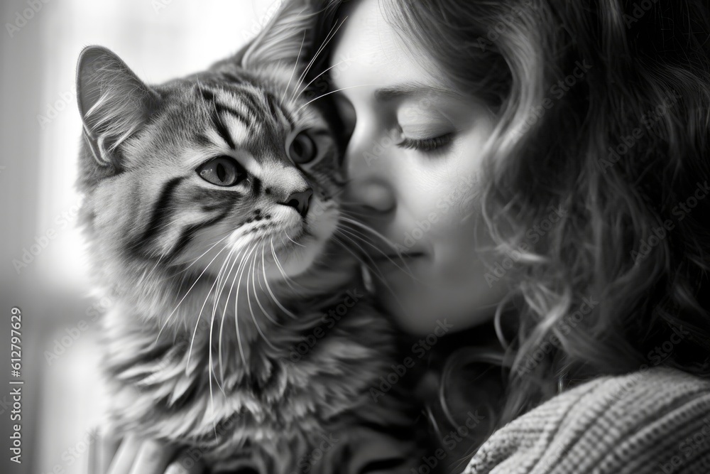 A photo of a woman tenderly kissing and hugging her cat. Generative AI A photo of a woman tenderly kissing and hugging her cat. Generative AI