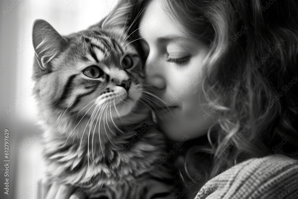 A photo of a woman tenderly kissing and hugging her cat. Generative AI