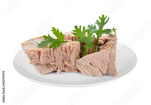 Foto Canned tuna fish in plate on transparent png