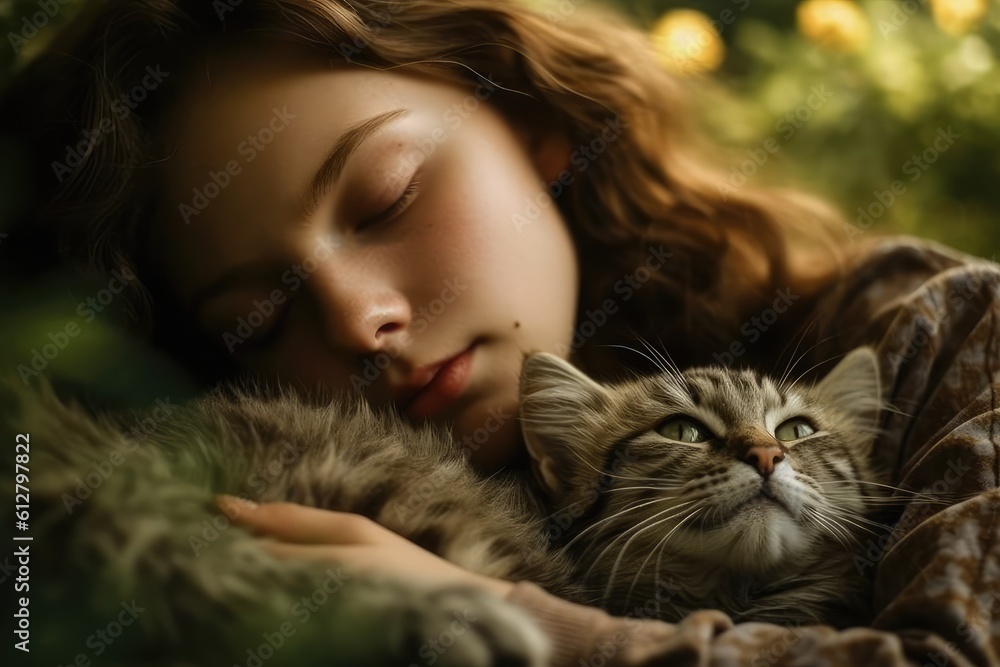 A photo of a woman tenderly kissing and hugging her cat. Generative AI