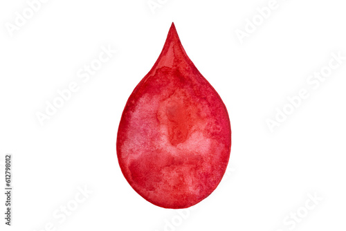 Red watercolour drop isolated on white background.