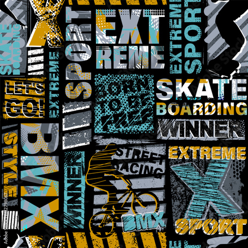Abstract seamless grunge pattern for guys. Urban style modern background with boy on bicycle BMX and skateboards. Sport extreme style creative wallpaper