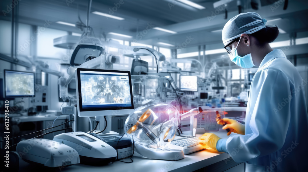 Chemist performing automated analysis in the diagnostic equipment of the Laboratory. Researcher woman working in the technology laboratory with Scientific instruments. Generative Ai. Chemist performing automated analysis in the diagnostic equipment of the Laboratory. Researcher woman working in the technology laboratory with Scientific instruments. Generative Ai.