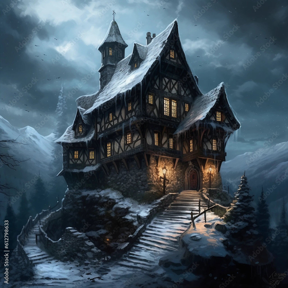 Obraz premium A Painting of a Big Fantasy Cabin Upon a Mountain Cliff Generative AI