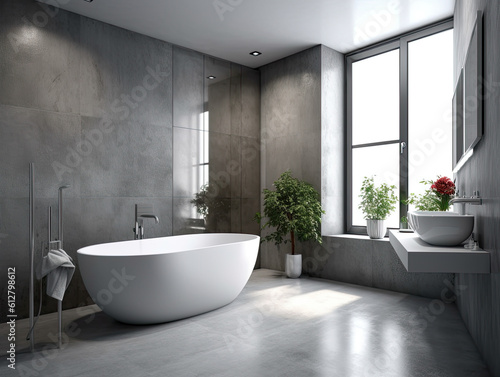 Realistic interior design bathroom with bathtub. modern minimal design. Generative AI