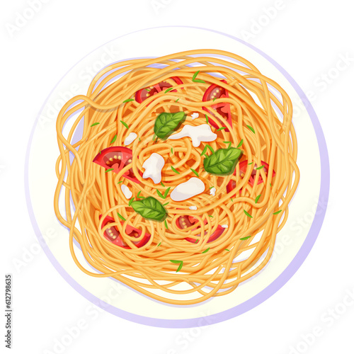 Spaghetti Pasta in plate with tomatos, basil, mozzarella in cartoon style top view detailed and textured isolated on white background. food, italian cuisine