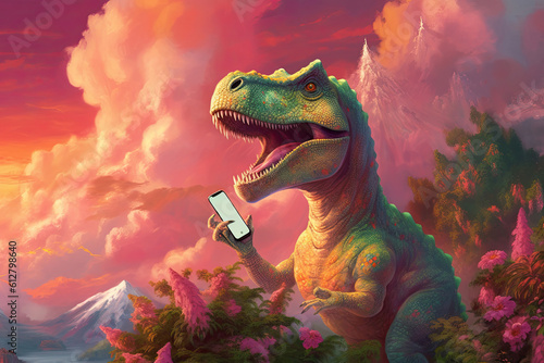 TRex Dinosaur using iPhone illustration  beautiful pink and green rainforest  mountains  generative ai