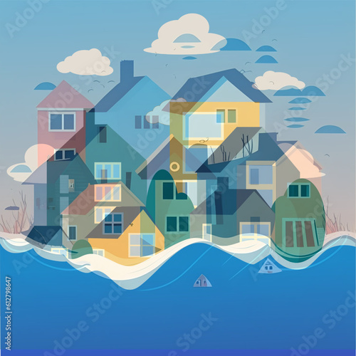 Flood in the city. Undermining a dam in Ukraine. Houses and trees flooded. Disaster. Modern vector illustration in flat style.