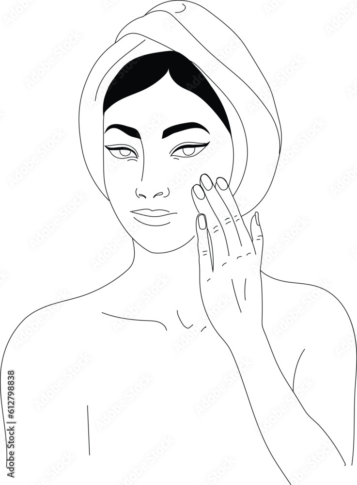 Print. Vector illustration of skin care. Beautiful woman face illustration. Girl put cream on face Print. Vector illustration of skin care. Beautiful woman face illustration. Girl put cream on face