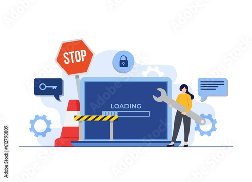 System maintenance, Error, Fixing trouble, Device updating, Software system under maintenance vector illustration, Software upgrade process on laptop, System update, People update operation system