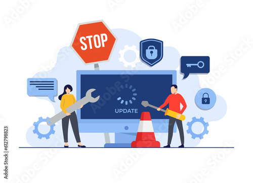 System maintenance, Error, Fixing trouble, Device updating, Software system under maintenance vector illustration, Software upgrade process on compuer, System update, People update operation system