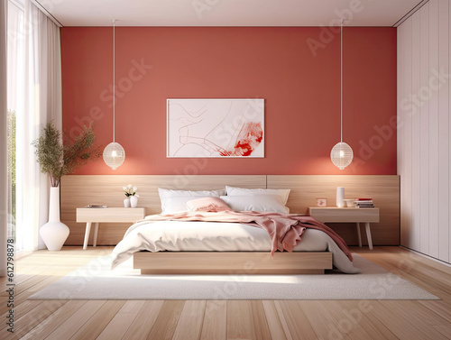 Minimal bedroom interior with Home decoration mock up. Cozy coastal stylish  furniture  comfortable bed  Modern design background. Generative AI.