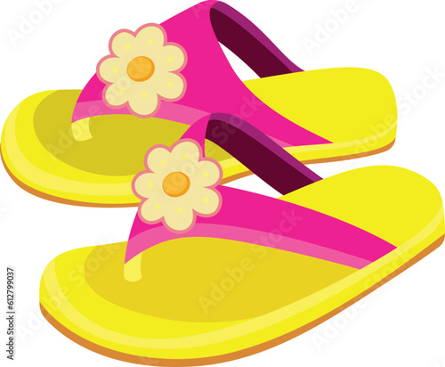 Kids Sandals vector illustration, yellow and pink Unisex Child Slides Sandal with a flower on top vector image