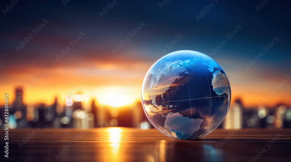 Planet earth on the background of blurred lights of the city 