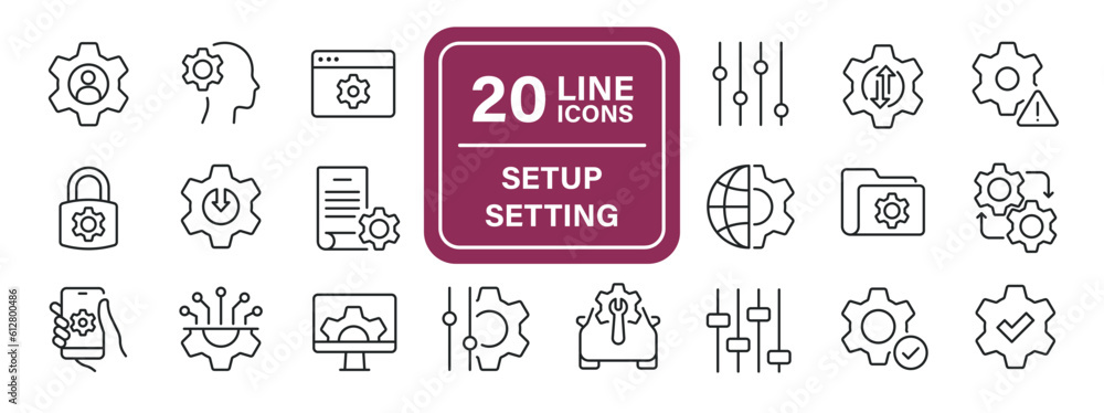Setup and setting thin line icons. Editable stroke. For website marketing design, logo, app, template, ui, etc. Vector illustration.