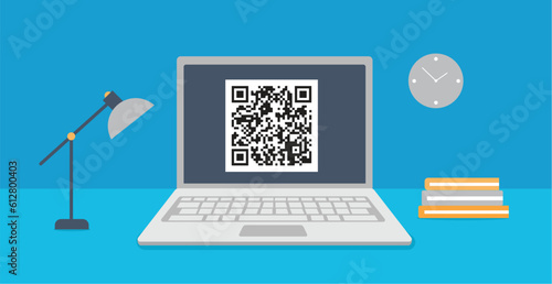 Qr code on laptop screen for getting information or cashless online payment