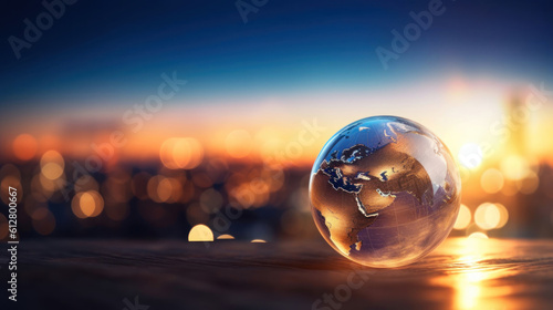 Planet earth on the background of blurred lights of the city 