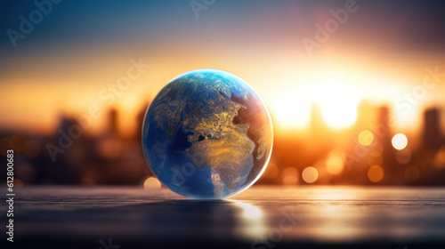 Planet earth on the background of blurred lights of the city 