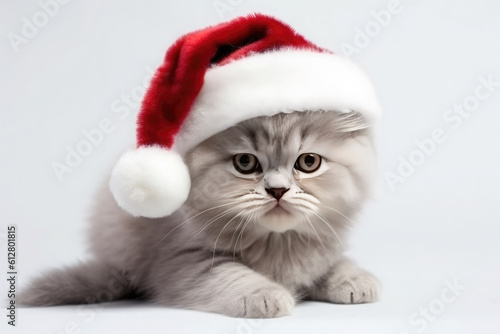 cute white kitten with santa hat isolated on white background.Ai generative