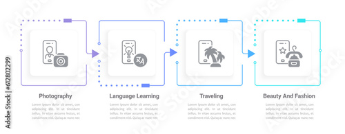Apps for hobbies infographic chart design template. Leisure activities. Editable infochart with icons. Instructional graphics with step sequence. Visual data presentation. Roboto font used