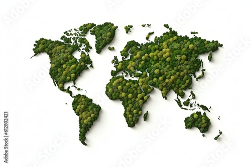 Green World Map- 3D tree or forest shape of world map isolated on white background. World Map Green Planet Earth Day or Environment day Concept. World Forestry Day | Generative AI