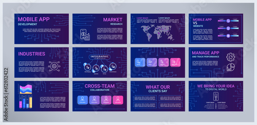 Mobile app development presentation templates set. Software monetization. Information technology. E-commerce. Ready made PPT slides on purple background. Graphic design. Roboto, Arial fonts used
