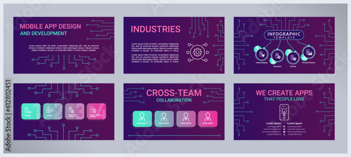 Mobile app design and development presentation templates set. Software engineering. IT solution provider. Ready made PPT slides on purple background. Graphic design. Roboto, Arial fonts used