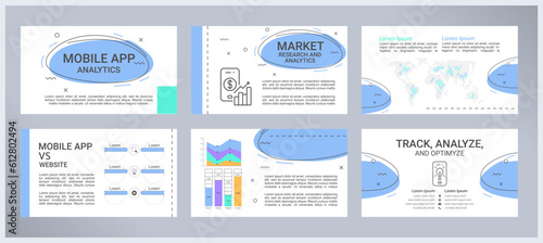 Mobile app analytics presentation templates set. Market research. Performance analysis. Application usage. Ready made PPT slides on white background. Graphic design. Roboto, Arial fonts used