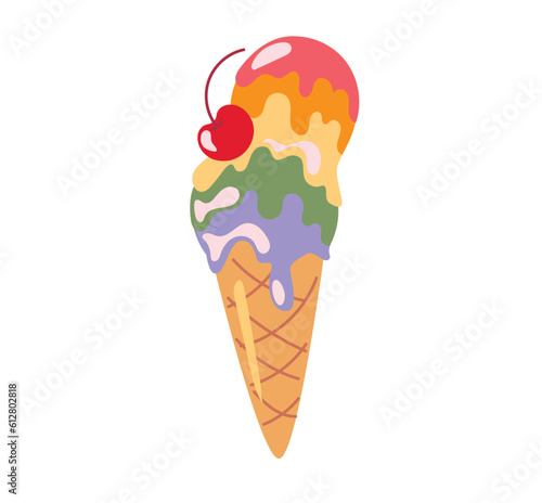 Ice cream cone with colorful and cherries.