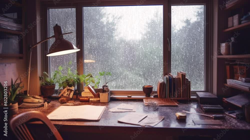 雨の日のデスク 窓 梅雨 オフィス カフェ ループ シームレス