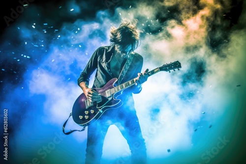 Guitarist shredding an electrifying solo, surrounded by a cloud of smoke and vibrant stage lights. Generative AI