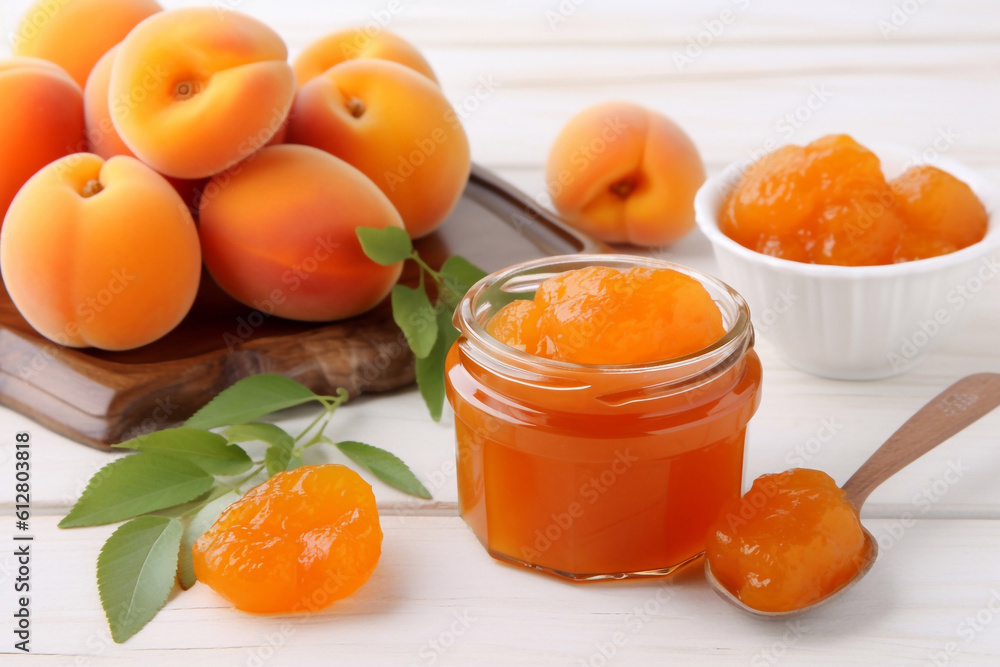Homemade organic apricot jam in glass jar and ripe apricots. Generative AI Homemade organic apricot jam in glass jar and ripe apricots. Generative AI