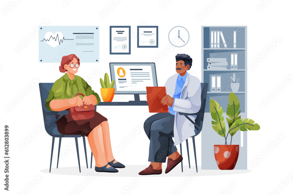 Flat vector image of doctor visit or consultation Flat vector image of doctor visit or consultation