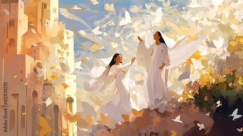 Colorful painting art of angels singing and praising God in heaven. Christian illustration. photo