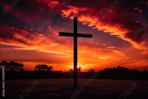 The cross with the sun behind, landscape. Generative AI