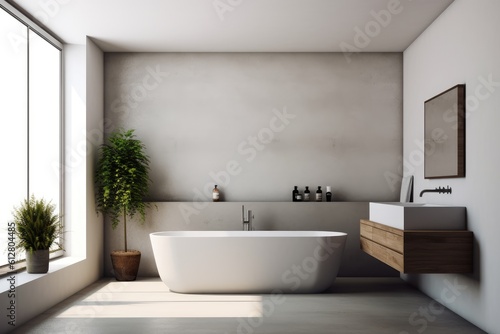 modern white bathroom, minimal style, contemporary design with natural light, generative AI