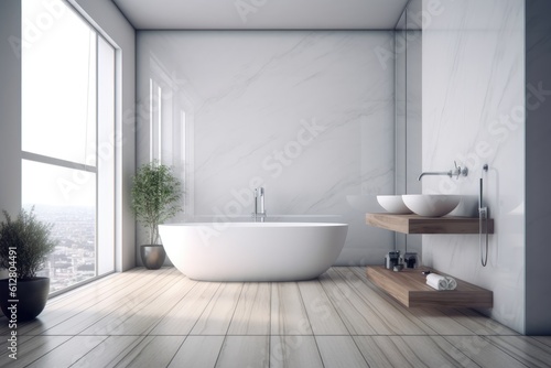 modern white bathroom  minimal style  contemporary design with natural light  generative AI