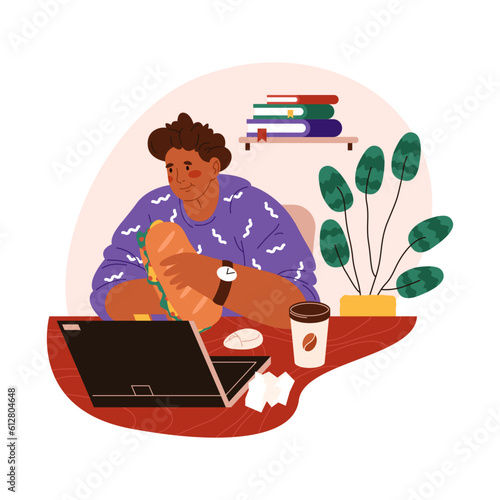 Vector cartoon worker eat at workplace. Eating