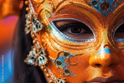 A close - up of a person's eyes behind a masquerade mask. Generative AI © Mustafa
