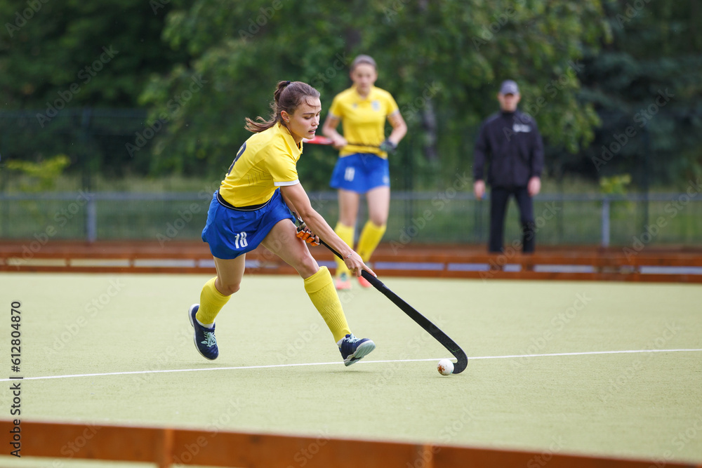 Fototapeta premium Field hockey female player leading the ball in attack. Young woman playing in field hockey tournament