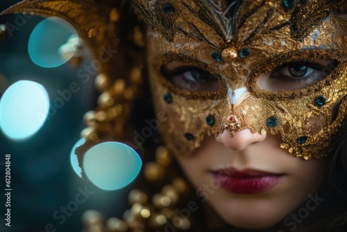 A close - up of a person's eyes behind a masquerade mask. Generative AI