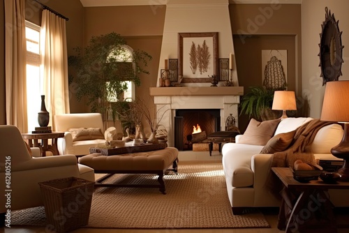 A Relaxing Home Haven - White  Beige   Brown Living Room with Cozy Blanket  Sofa  Rocking Chair  Recliner  Lamp   Chandelier  Generative AI