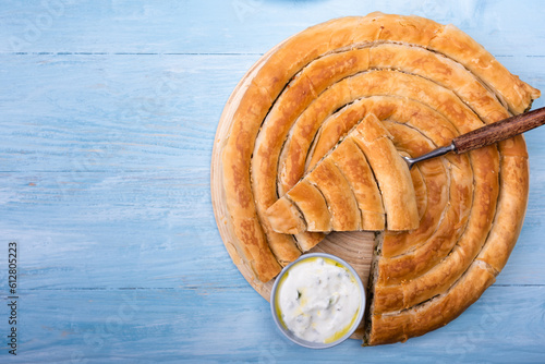 Greek spinach pie with feta cheese.Copy space 