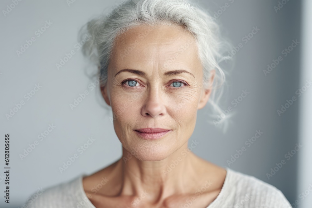 Beautiful mid aged mature woman looking at camera isolated on white. Mature old lady close-up portrait. Generative AI