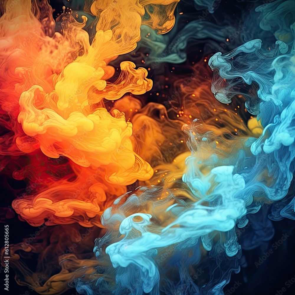 Glittering Turbulence: Vibrant Smoke, Water and Steam Bursting in Colorful Abstract Bubbles and Flames: Generative AI